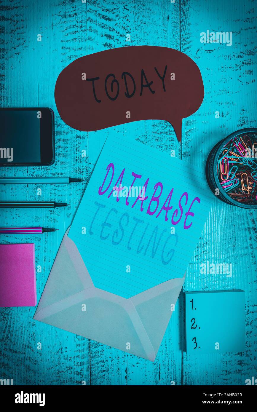 Handwriting text Database Testing. Conceptual photo involves the retrieved values from the database by the web Envelop speech bubble smartphone sheet Stock Photo
