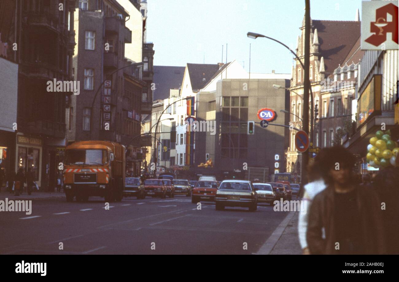 Archival image of traffic along Karl-Marx Strasse  in Berlin Neukoelln ca. 1986, Berlin, Germany Stock Photo