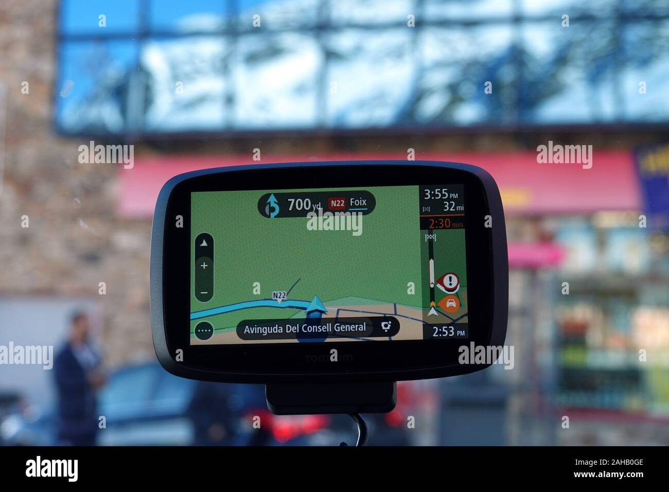 TomTom satnav screen with traffic on the road ahead Stock Photo