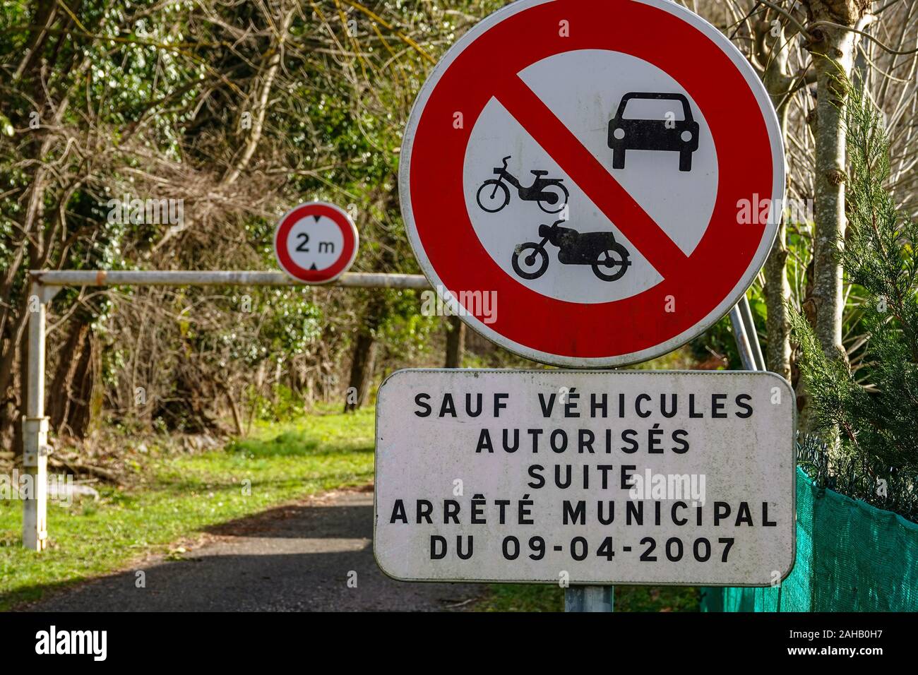 No entry and height restriction signs, Sign, Ariege, French Pyrenees, France Stock Photo