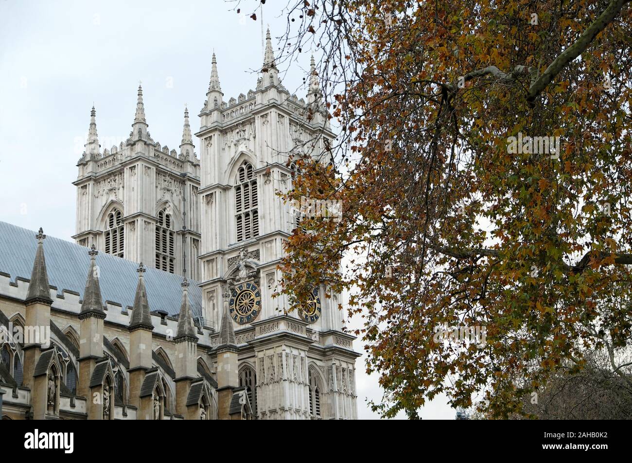 Exterior view of Westminster Abbey West Towers facade in autumn near Parliament Square in London England UK  KATHY DEWITT Stock Photo
