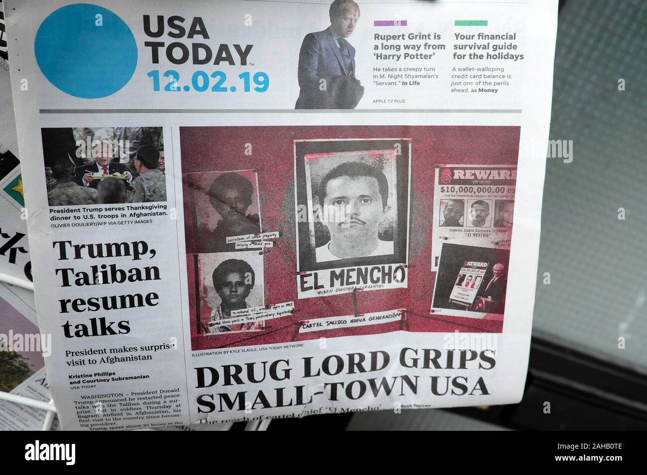 Usa Today Newspaper Front Page Headlines El Mencho Drug Lord Grips Small Town Usa And Trump Taliban Resume Talks In Afghanistan 12 2 19 Stock Photo Alamy