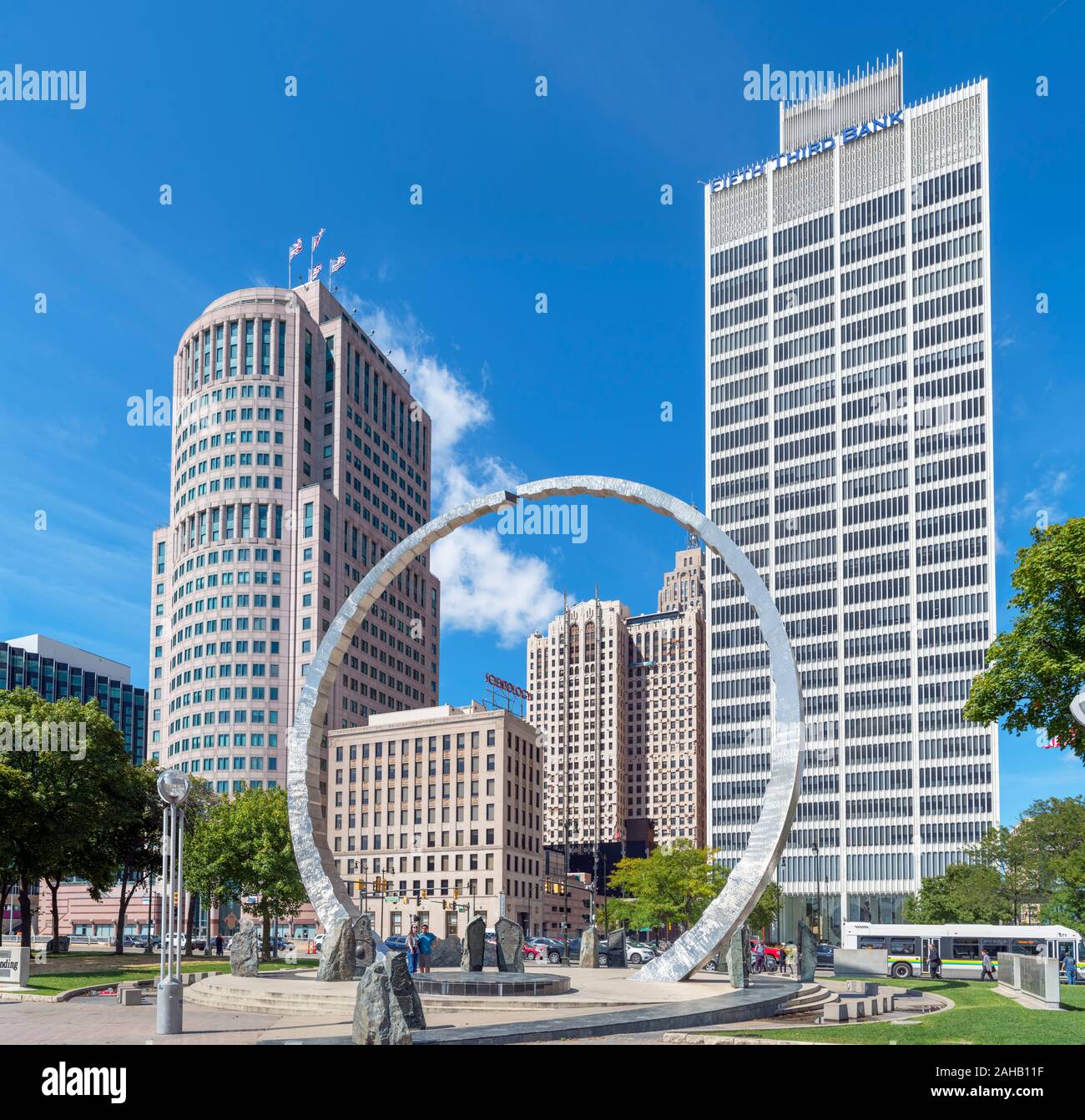 The downtown skyline from Hart Plaza, with the Transcending Sculpture in the foreground, Detroit, Michigan, USA Stock Photo