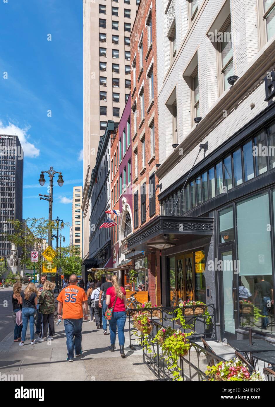 Stores on Woodward Avenue in downtown Detroit, Michigan, USA Stock Photo