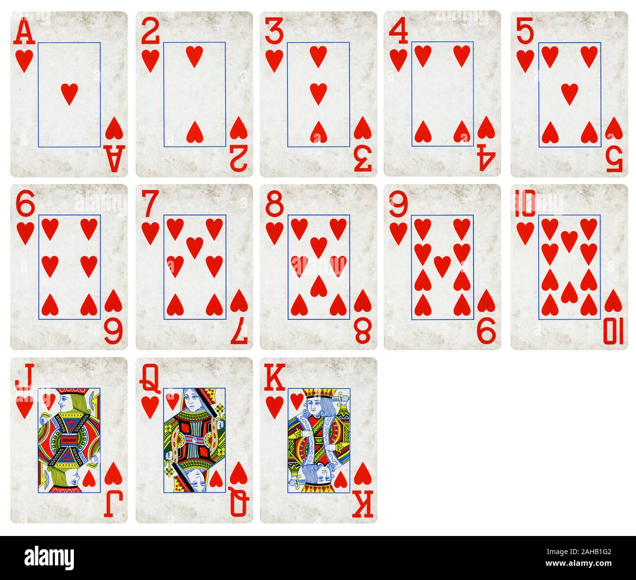 Vintage Playing cards of Hearts suit isolated on white background - High quality. Stock Photo