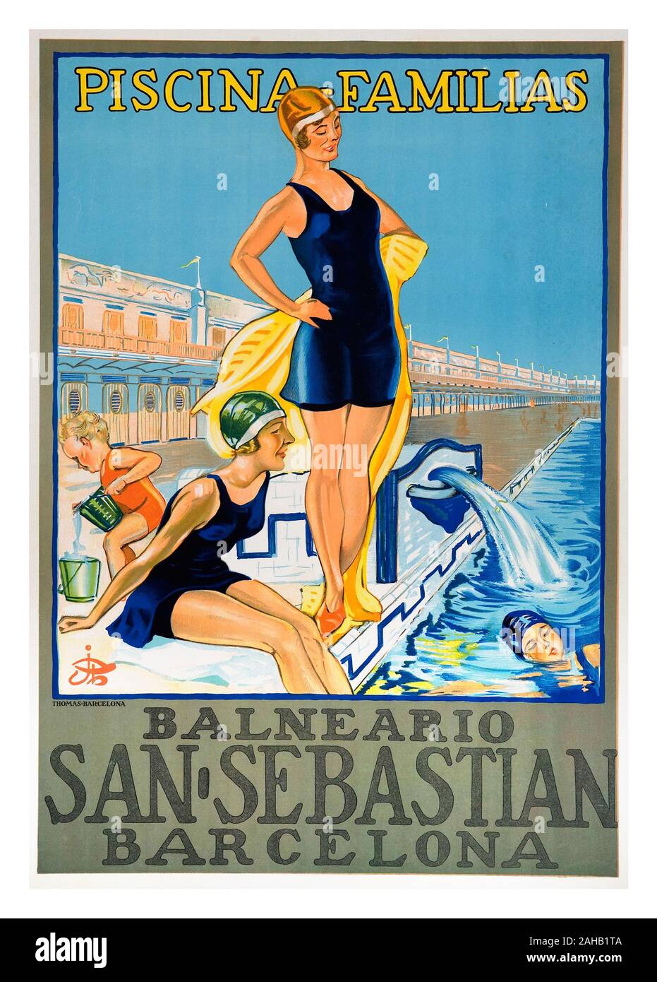Vintage 1900's Spanish Travel Poster Balneario San Sebastian Barcelona Spain Piscina Familias Stock Photo