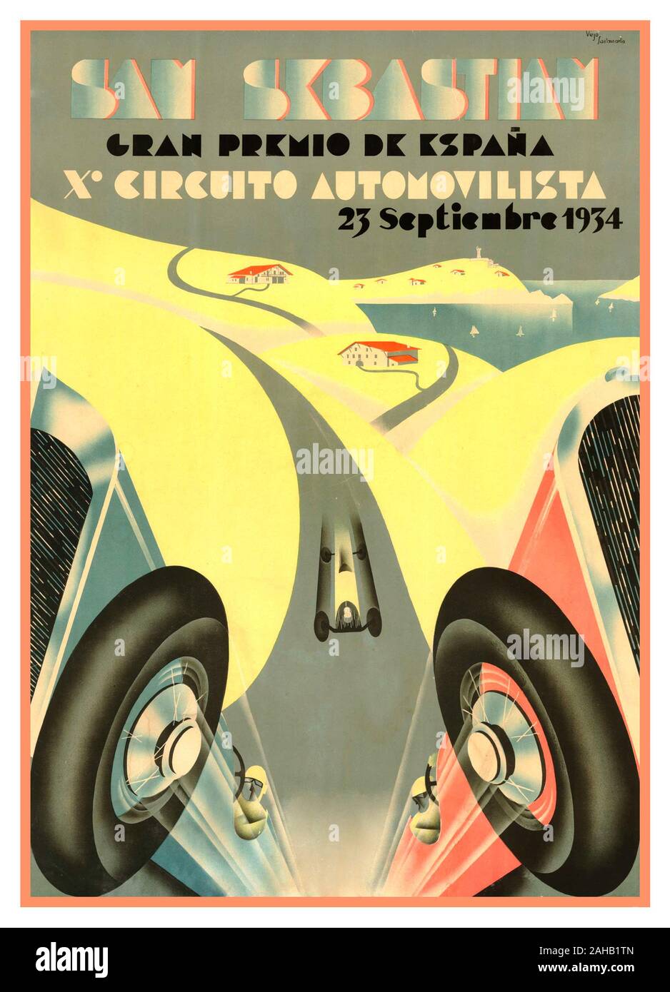 1930's Vintage Motor Car Grand Prix Race Poster Gran Premio España 23rd September 1934 Lasarte - San Sebastian Spain Gran Premio de España 1X Circuito Automovilista won by Luigi Fagioli- Mercedes /2nd Rudolf Caracciola /3rd Tazio Nuvolari Stock Photo