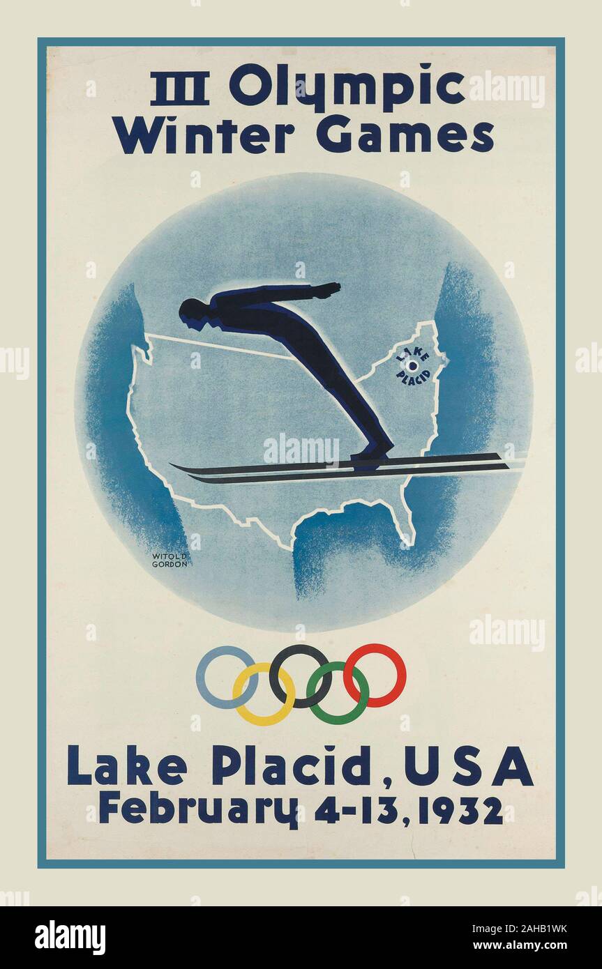 Vintage Sports Poster III OLYMPIC WINTER GAMES, LAKE PLACID, USA 1932 lithograph in colours, 1930 Artist Designer Witold Gordon (1855-1968) Illustration Ski Jumper silhouetted against map of USA with Lake Placid featured Stock Photo