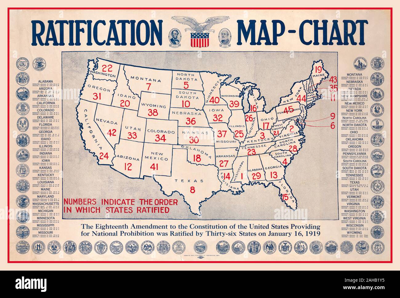 PROHIBITION Vintage' 1919 poster celebrating the ratification by the states of the 18th Amendment to the U.S. Constitution, enacting Prohibition as the law of the land. The large red 'Numbers Indicate the Order in Which States Ratified,' from the first, Mississippi, to the 45th, Pennsylvania. (Because ratification is required by only three-quarters of the states, and there were 48 states in 1919, To the left and right and below the map are the seals of the ratifying states, along with the dates of ratification.This poster was published by the Lincoln-Lee Legion, a temperance organisation 1903 Stock Photo