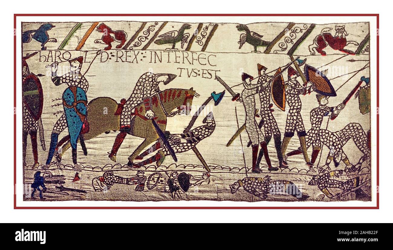 BAYEUX TAPESTRY DEATH Harold Rex Interfectus Est: 'King Harold was killed'. Scene from the Bayeux Tapestry depicting the Battle of Hastings and the death of King Harold. image of Bayeux tapestry scene 87.  14th October 1066 LocationBattle near Hastings, East Sussex, England Decisive Norman victory.The Battle of Hastings was fought on 14 October 1066 between the Norman-French army of William, the Duke of Normandy, and an English army under the Anglo-Saxon King Harold Godwinson, beginning the Norman conquest of England. It took place approximately 7 miles (11 kilometres) northwest of Hastings. Stock Photo