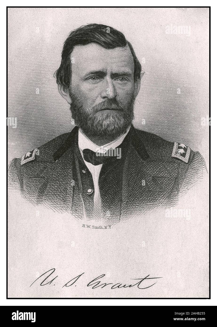 Vintage signed portrait of General Ulysses S. Grant in Union Army uniform  (born Hiram Ulysses Grant; (April 27, 1822 – July 23, 1885) was an American soldier and politician who served as the 18th president of the United States from 1869 to 1877. Before his presidency, General Grant led the Union Army in winning the American Civil War. Political Americana Figure: Grant, Ulysses S. American (1822-1885), General, Political Party Republican Stock Photo