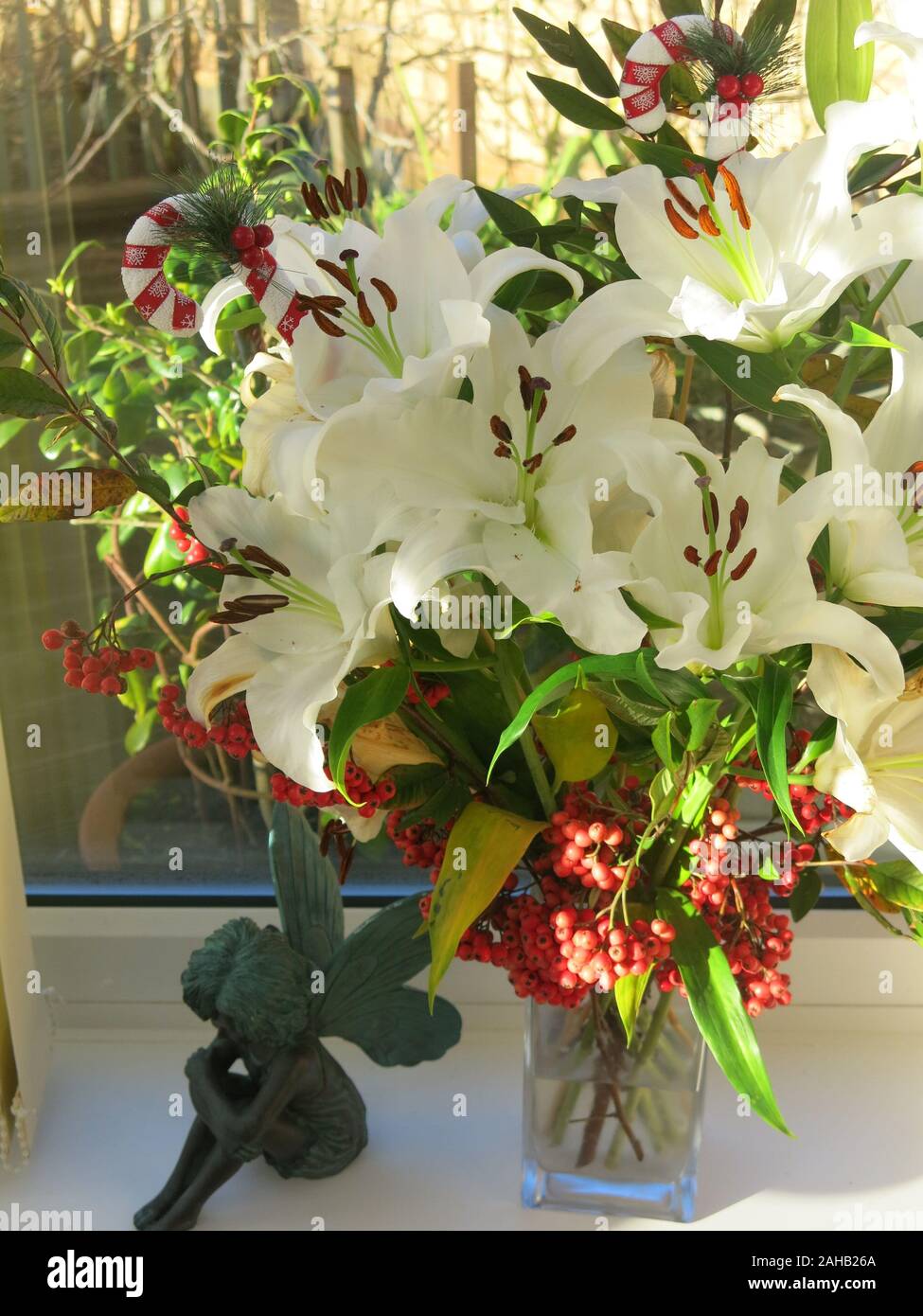 A Festive Floral Arrangement For A Windowsill At Christmas White Lilies Red Berries And Decorated Candy Canes Stock Photo Alamy
