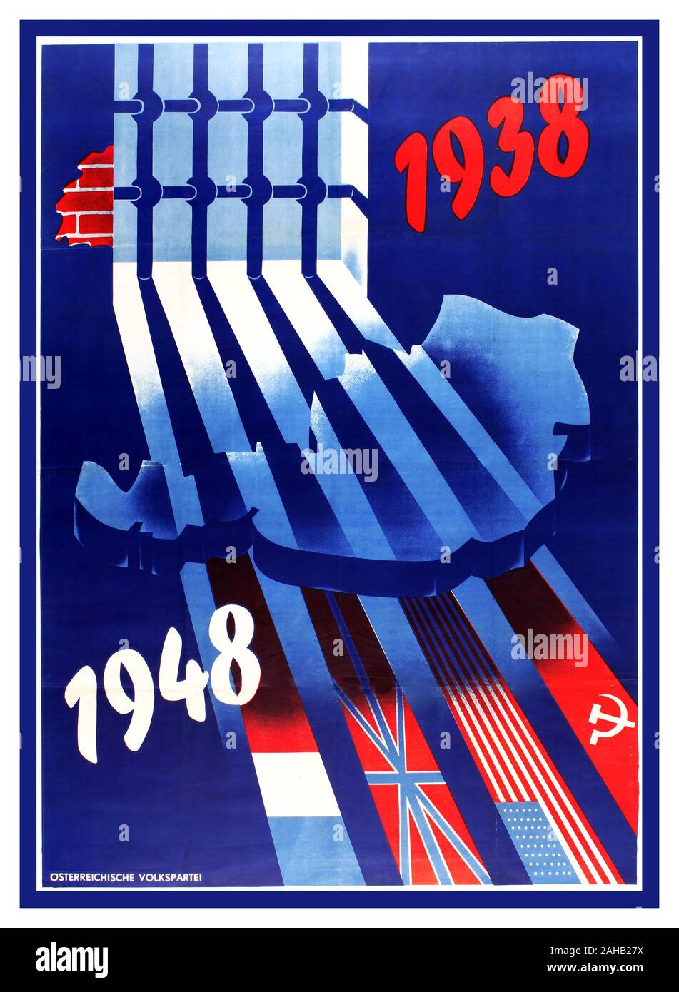 Original  WW2 vintage Anschluss propaganda poster published by the Austrian People's Party (Ostereichische Volkspartei OVP; founded 1945) featuring a colourful and dynamic design against a dark blue background of a map of Austria imprisoned behind Nazi prison bars with the dates 1938 in red and 1948 in white and shadows forming the flags of the Allied countries to symbolise Austria's annexation by Nazi Germany into the Third Reich in 1938 (Anschluss) until the end of World War Two in 1945 followed by the Allied occupation ((France, UK, USA, Soviet Union).  1948, country of printing: Austria, Stock Photo