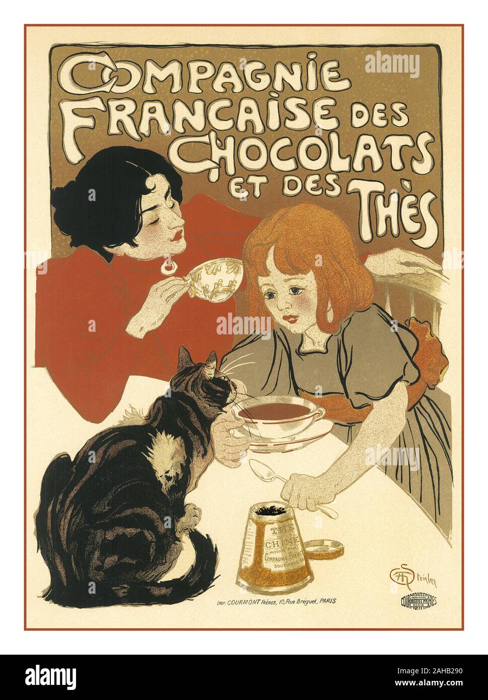 Vintage 1900’s Advertising Poster - Little girl drinking hot chocolate with mom and cat ‘Compagnie Française des Chocolat et des Thés’ Paris France artist Théophile Alexandre Steinlen Original lithograph from 'Les Maitre de L'Affiches' series. Printed by Imprimerie Chaix, Paris, 1900. Mother (Emilie) and child (Colette) sit side by side, the blonde daughter drinking her chocolate, while mamma enjoys a cup of aromatic Chinese tea made by the 'Compagnie Française des Chocolats et des Thes' (French Chocolate and Tea Company) Stock Photo