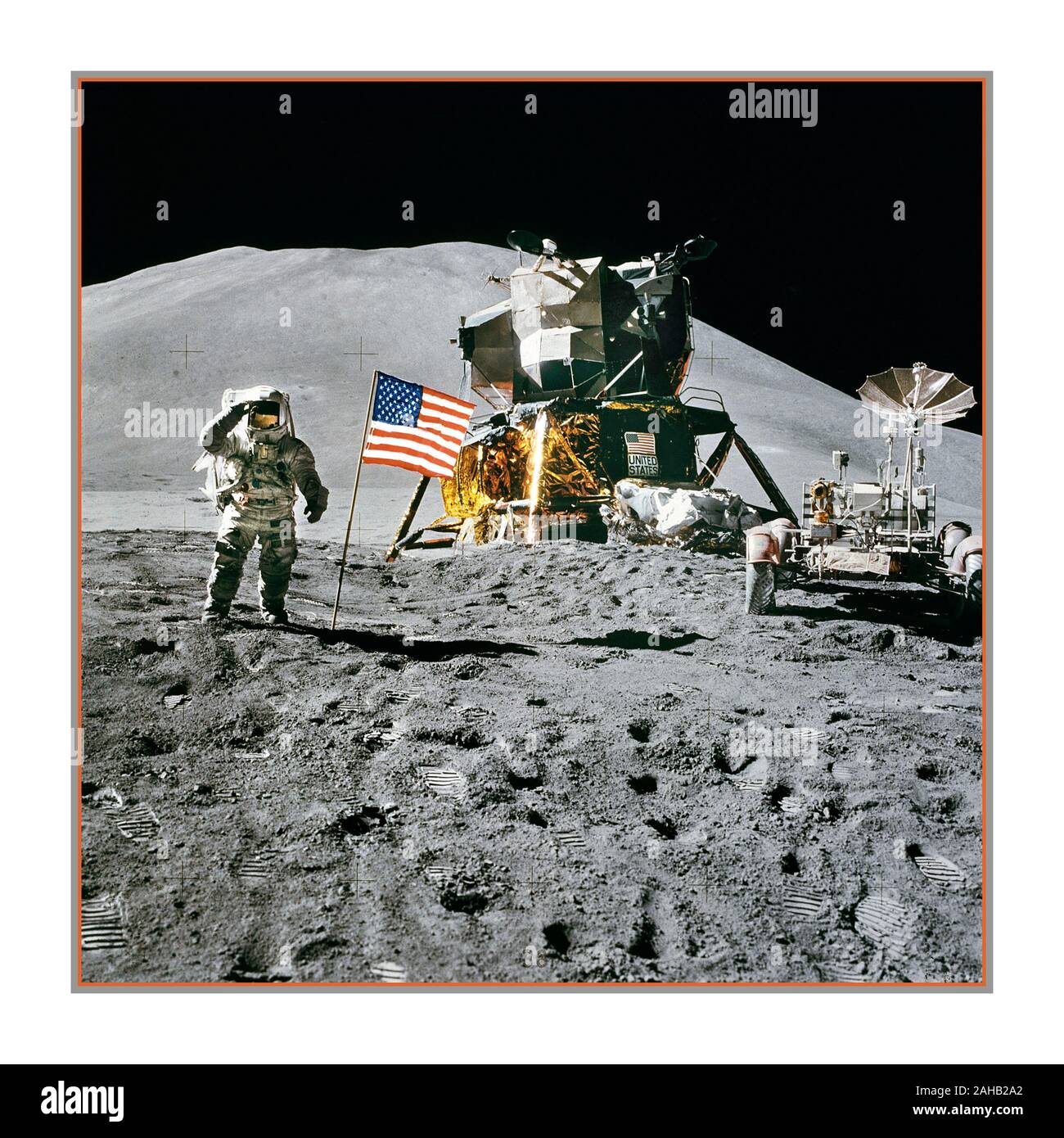 MOON LANDING 1971 Apollo 15 Lunar Module Pilot James Irwin salutes the U.S. flag on the moon. Astronaut James B. Irwin, lunar module pilot, gives a military salute while standing beside the deployed U.S. flag during the Apollo 15 lunar surface extravehicular activity (EVA) at the Hadley-Apennine landing site. The Lunar Module 'Falcon' is partially visible on the right. Hadley Delta in the background rises approximately 4,000 meters above the plain. Apollo 15 was the ninth crewed mission in the United States' Apollo program, and the fourth to land on the Moon. Stock Photo