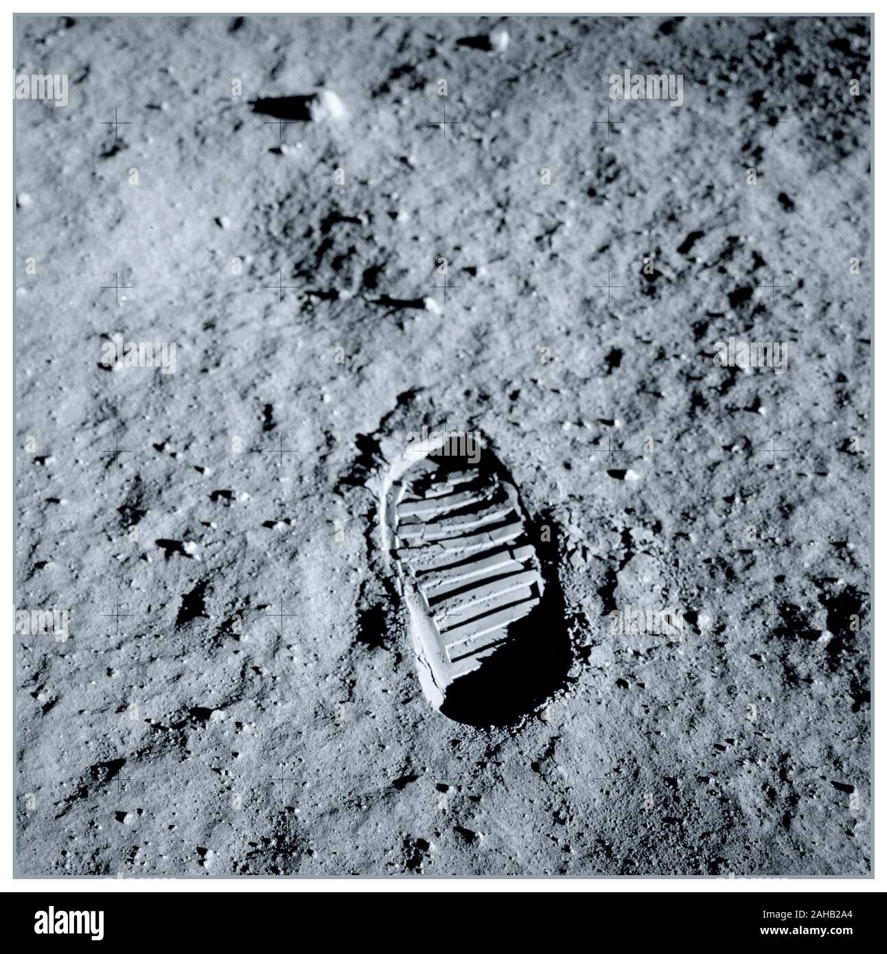 MOON FOOTPRINT 1969 Apollo 11 Lunar Module Pilot Buzz Aldrin's bootprint. Aldrin photographed this bootprint about an hour into their lunar extra-vehicular activity on July 20, 1969, as part of investigations into the soil mechanics of the lunar surface. This photo would later become synonymous with humankind's venture into space. One small step for man, one giant leap for mankind. Stock Photo