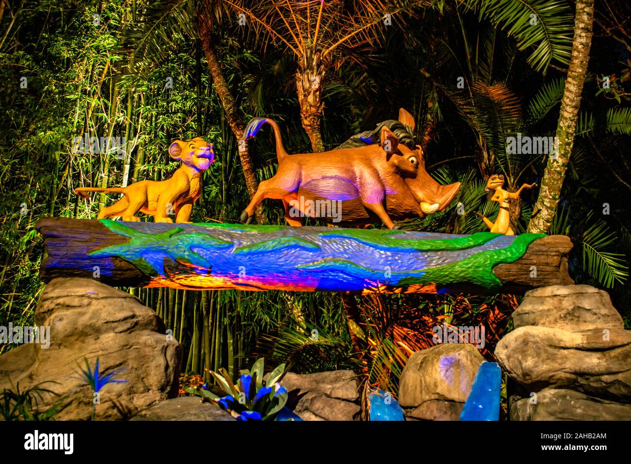 Orlando, Florida. December 16, 2019. Simba, Timon and Pumba at Animal Kingdom Stock Photo