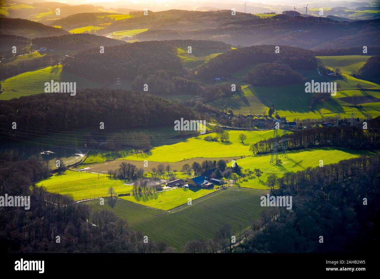 Aerial photograph, Kost horse farm, Am Hansberg, Autumnal mood, Hattingen, Ennepe-Ruhr district, Ruhr area, North Rhine-Westphalia, Germany, DE, Europ Stock Photo