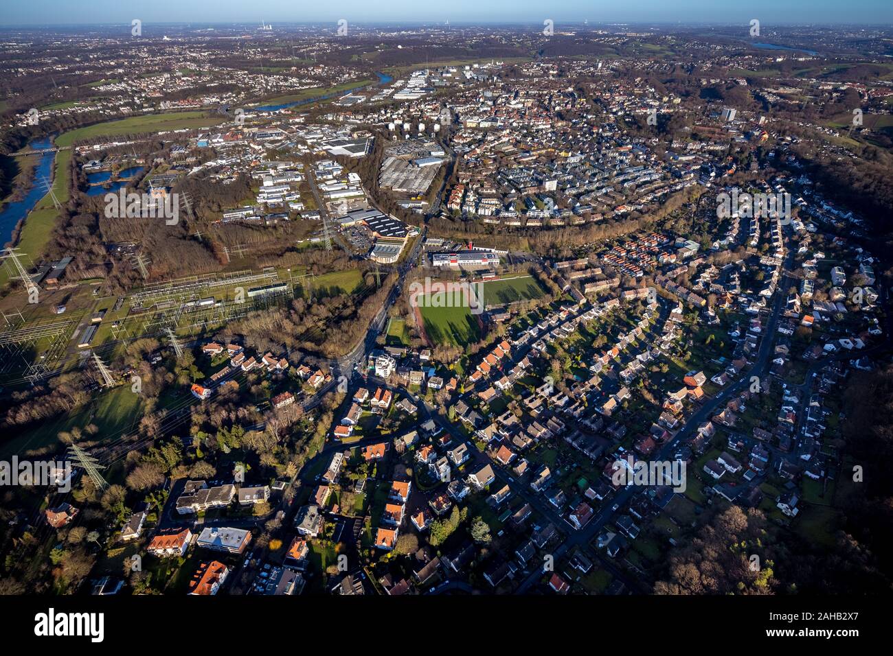 Aerial view, city view and inner city area Hattingen, river Ruhr, Hattingen, Ennepe-Ruhr district, Ruhr area, North Rhine-Westphalia, Germany, DE, Eur Stock Photo