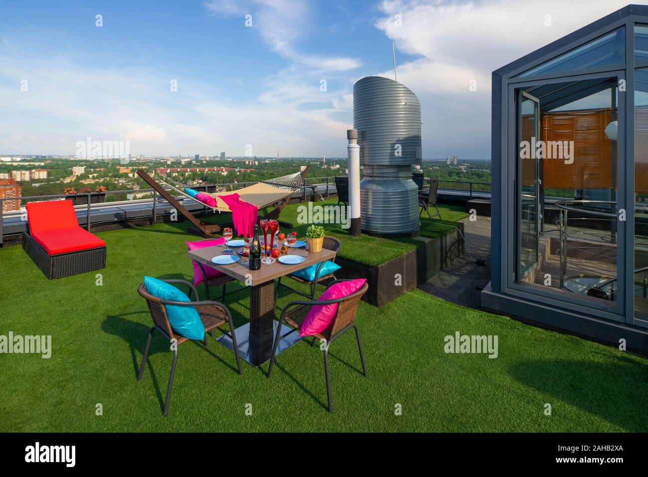 Terrace Zonal Relaxing zone on the rooftop terrace in modern living complex. Laid ...