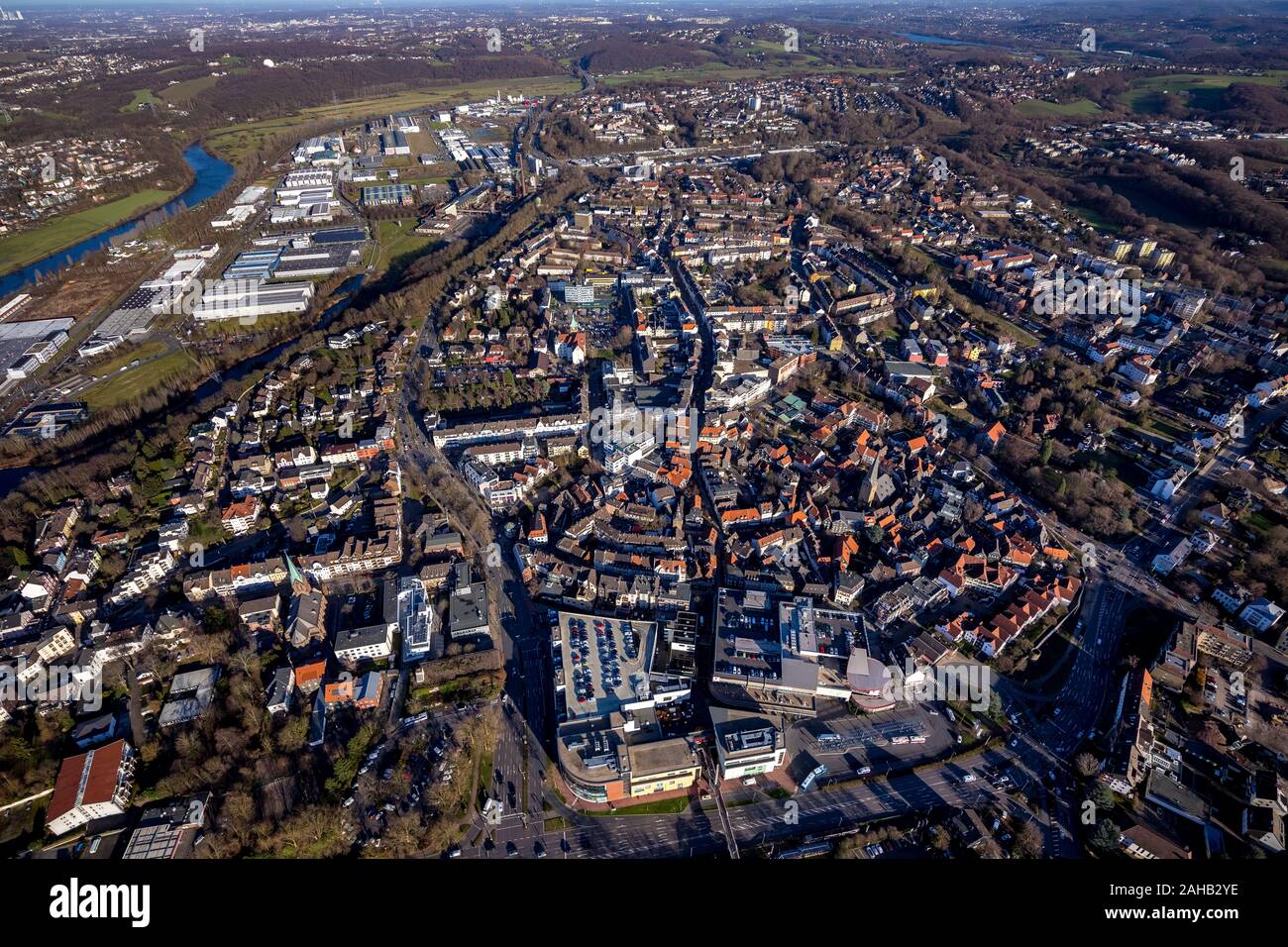 Aerial view, city view and inner city area Hattingen, river Ruhr, Hattingen, Ennepe-Ruhr district, Ruhr area, North Rhine-Westphalia, Germany, DE, Eur Stock Photo