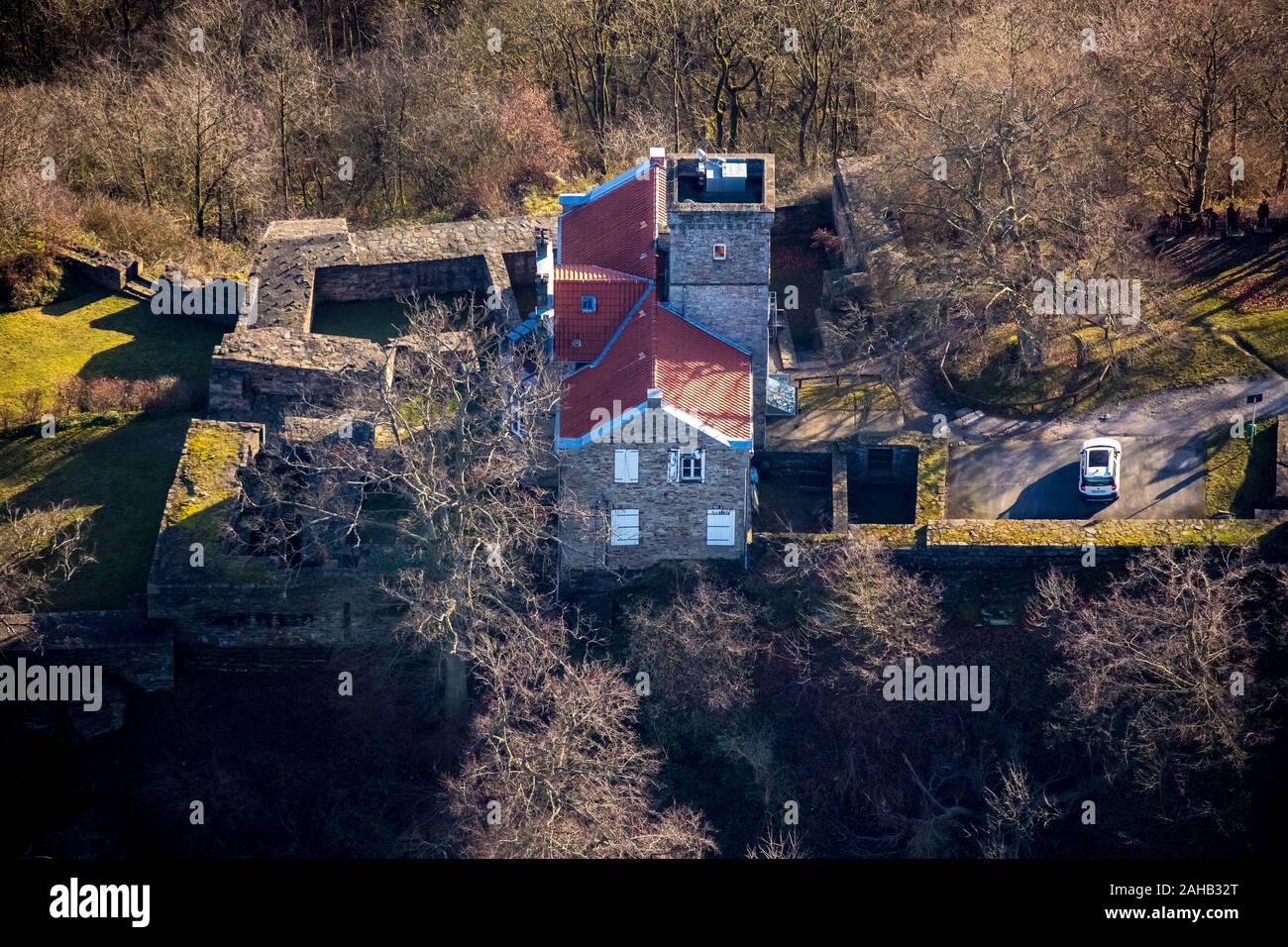 Aerial photograph, Isenburg, Isenberg Castle, Hattingen, Ennepe-Ruhr district, Ruhr area, North Rhine-Westphalia, Germany, Am Isenberg, castle, castle Stock Photo