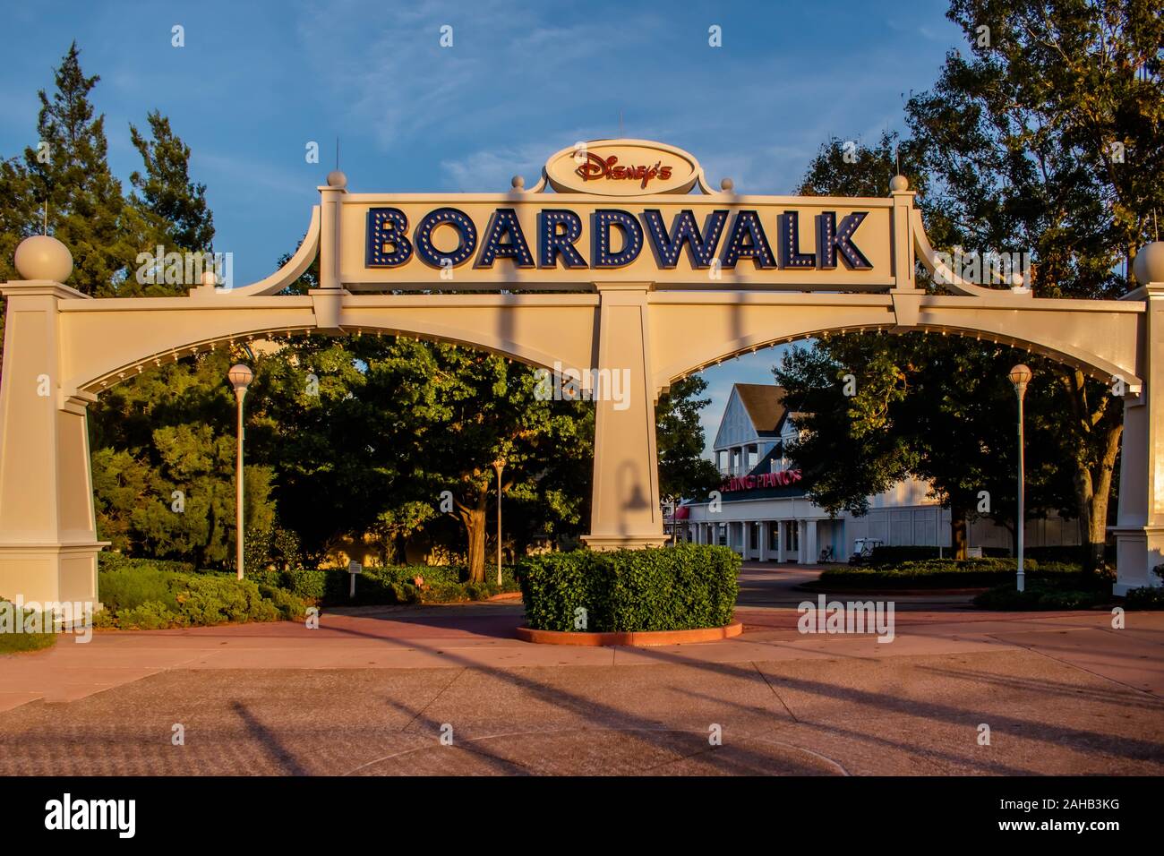 Orlando, Florida. December 18. 2019.  Disney Boardwalk arch at Lake Buena Vista area Stock Photo