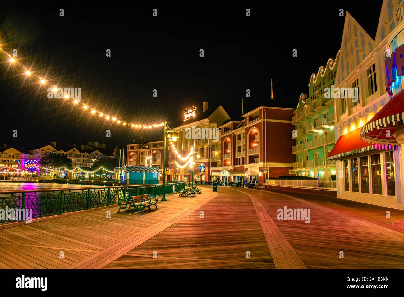 Orlando, Florida. December 18. 2019.  Illuminated dockside at Lake Buena Vista area Stock Photo