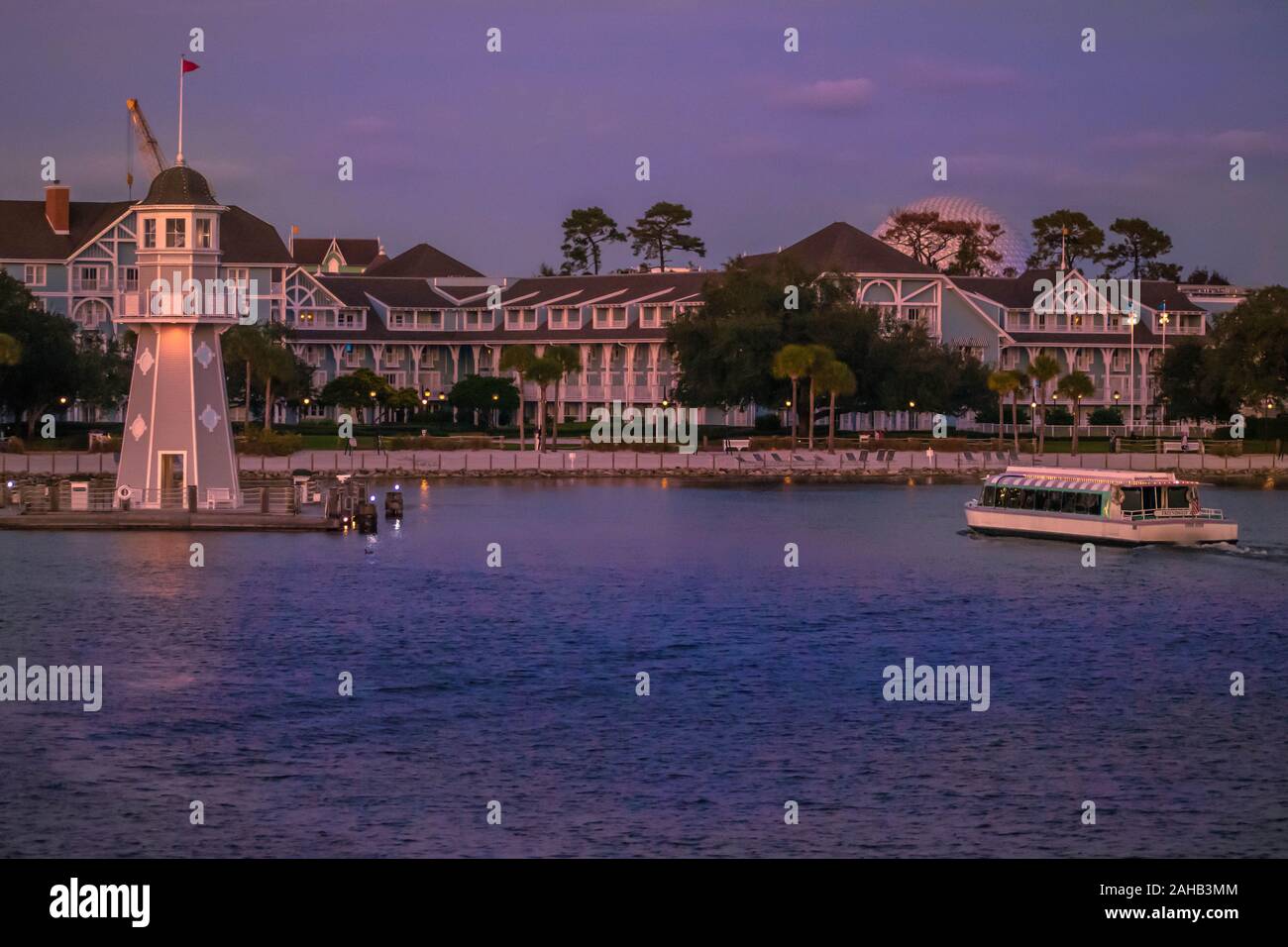 Orlando, Florida. December 18. 2019.  Lighthouse and taxiboat at Lake Buena Vista area Stock Photo