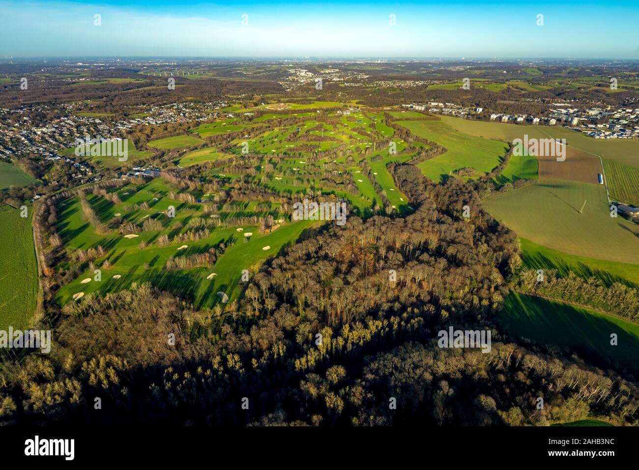 aerial photo, golf club Hösel,bunker, bushes, greens, golfer, Heiligenhaus, Ruhr area, North Rhine-Westphalia, Germany, DE, Europe, birds-eyes view, a Stock Photo