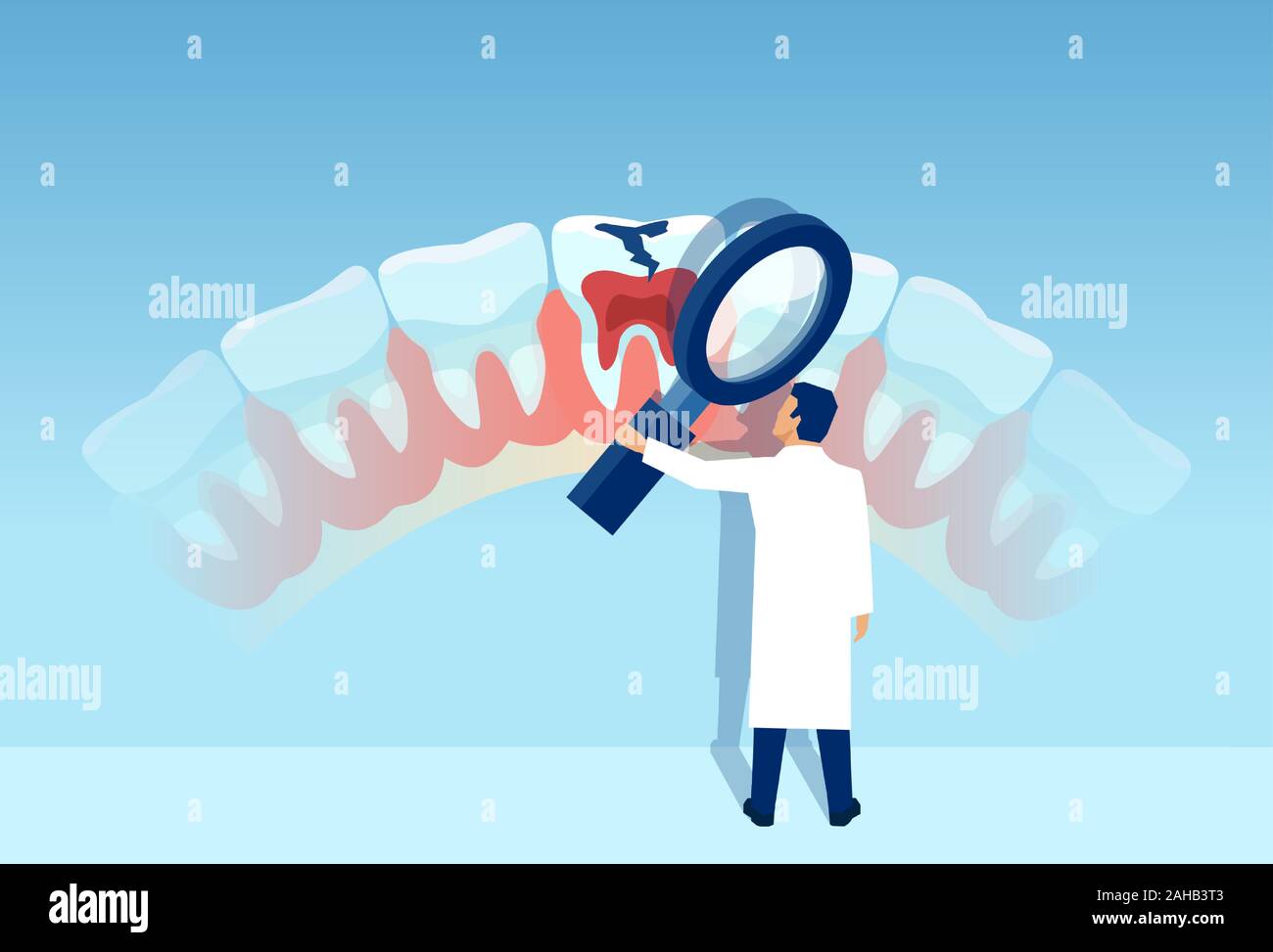 Vector of a dentist with magnifying glass checking tooth with decay problem Stock Vector