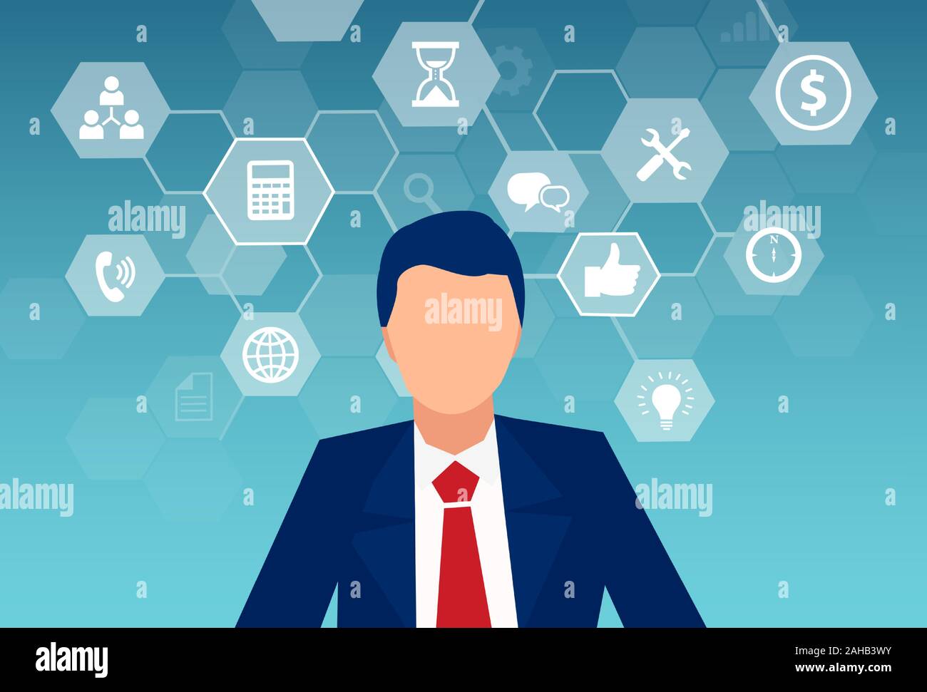 Vector of a businessman communicating in a computer network, multitasking surrounded by interface icons Stock Vector