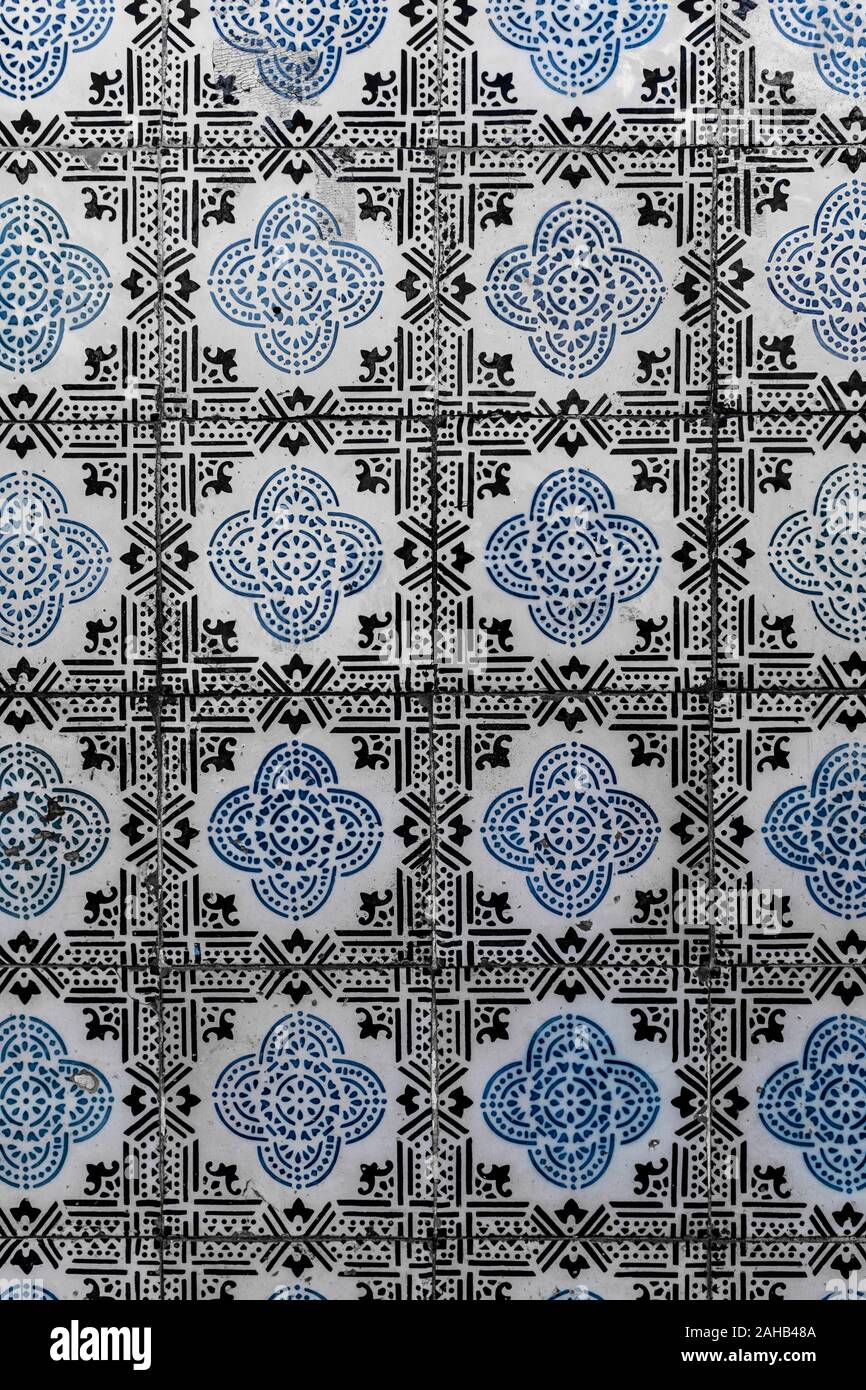 Traditional Portuguese tiles with black and blue pattern. Stock Photo