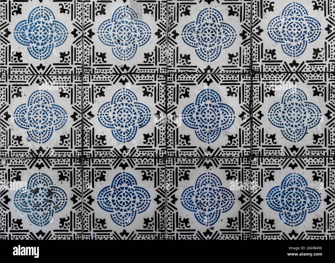 Traditional Portuguese tiles with black and blue pattern. Stock Photo