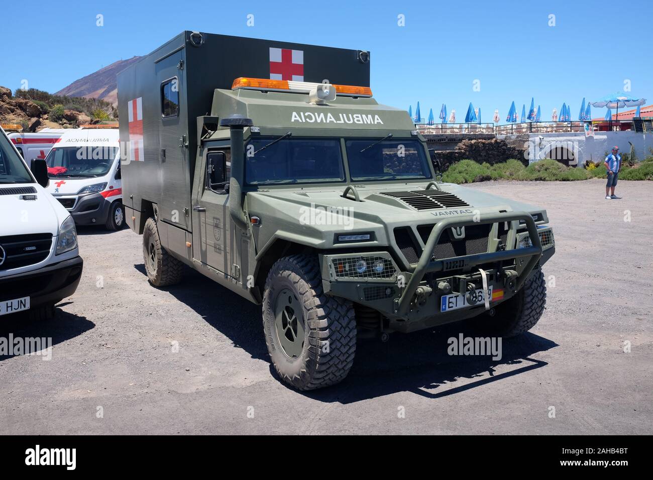 July 2018 - Medical ambulances collected for a training exercise on Tenerife, vacation destination. Stock Photo