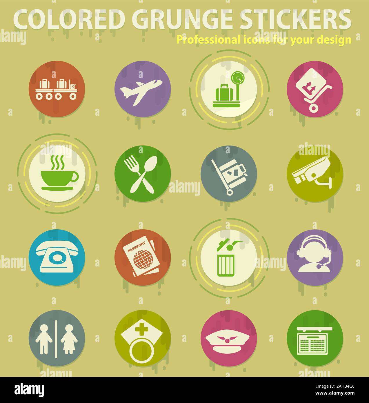 Airport and transport colored grunge icons Stock Vector