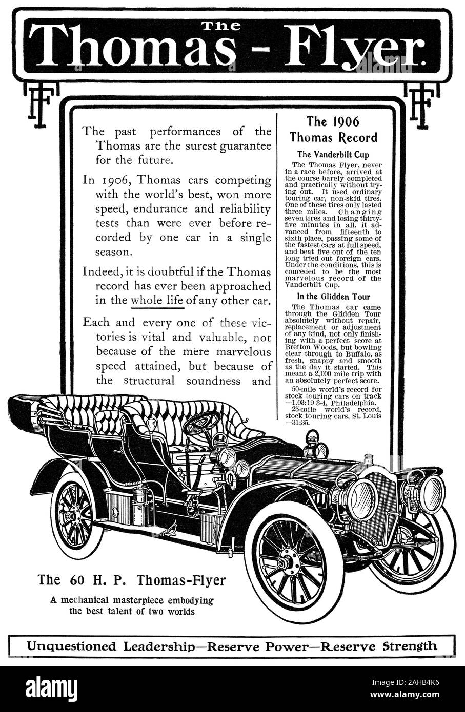 1907 U.S. advertisement for the Thomas Flyer automobile. Stock Photo