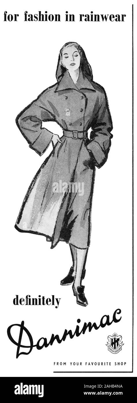 1950 British advertisement for Dannimac rainwear. Stock Photo
