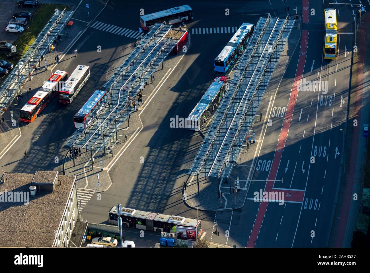 Aerial view, Central bus station ZOB at Friedrich-Ebert-Straße, Velbert, Ruhr area, North Rhine-Westphalia, Germany, DE, Europe, birds-eyes view, aeri Stock Photo