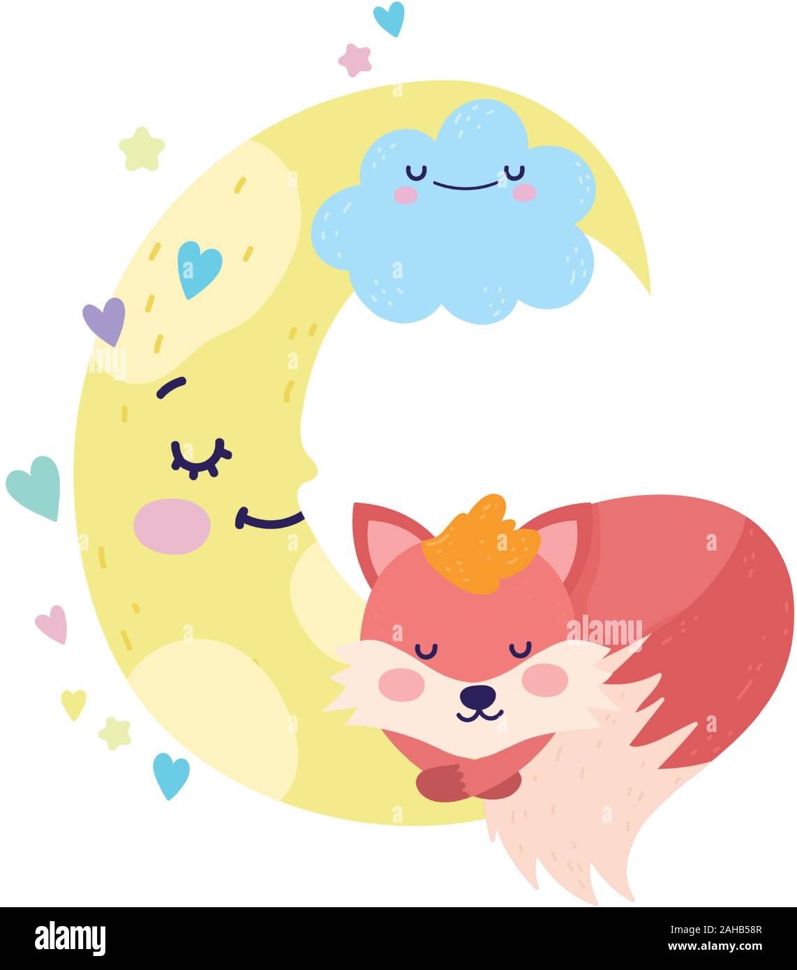 baby shower cute fox sleeping cloud moon cartoon vector illustration ...