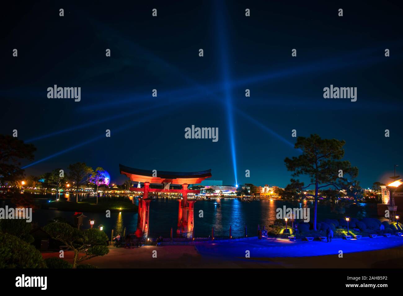 Orlando, Florida. December 18, 2019. Panoramic view of Japan arch and blue light rays at Epcot Stock Photo