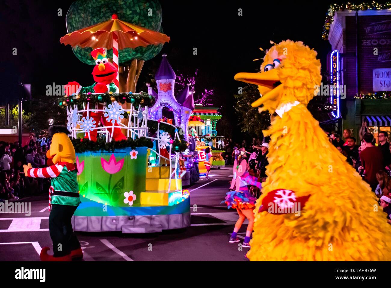 Orlando, Florida . December 21, 2019. Big Bird and Bert Sesame Street Christmas Parade at Seaworld Stock Photo