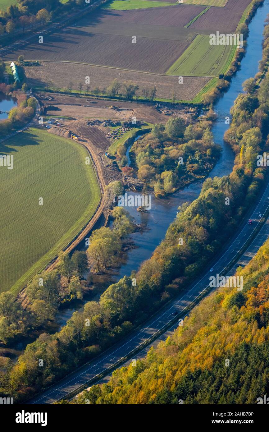 Aerial photograph, Stadtwerke Arnsberg water supply with sewage treatment plant, Ruhr valley cycle path construction site on the river Ruhr, construct Stock Photo