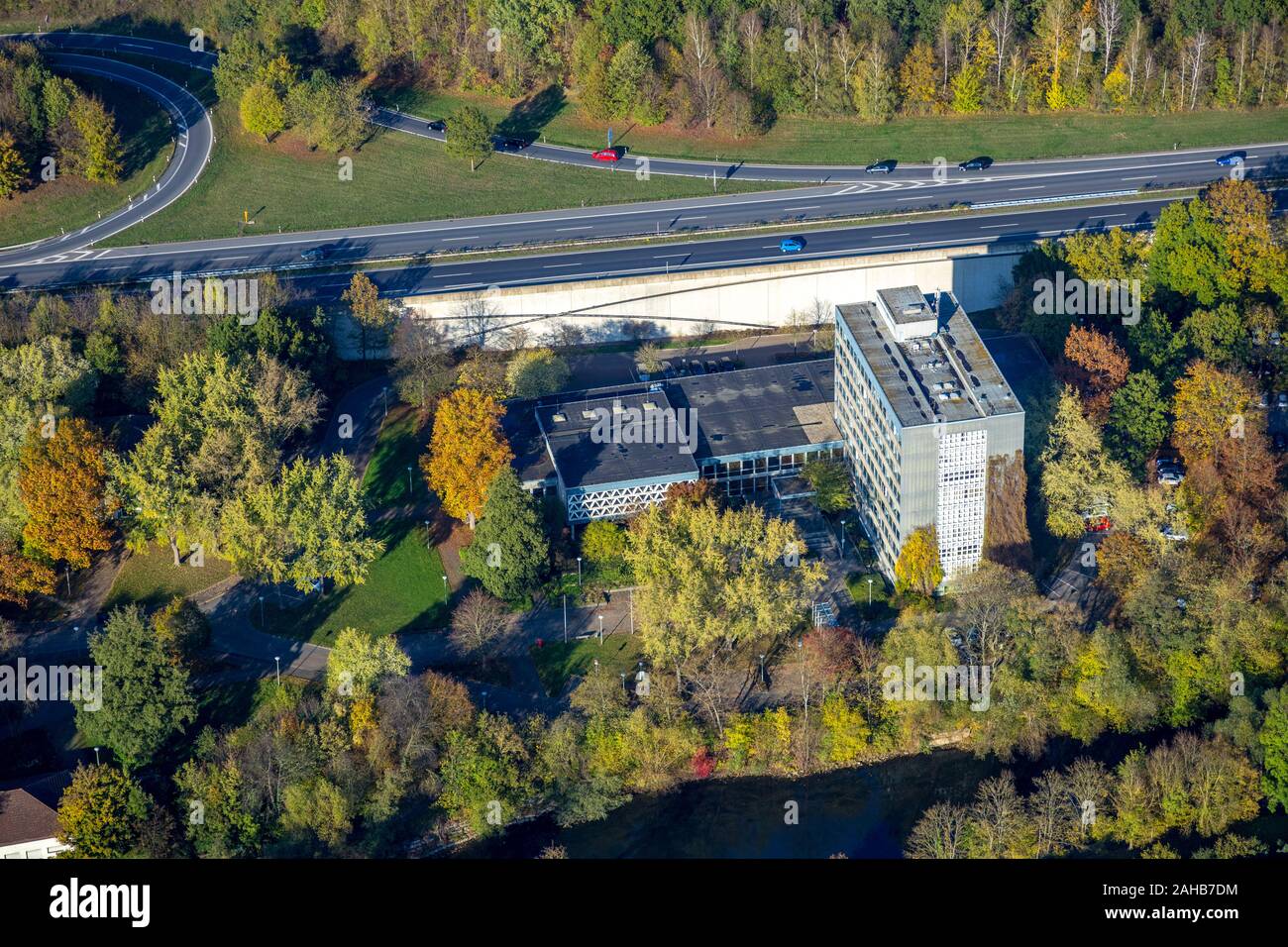 Aerial photo, city administration Arnsberg Rathausplatz, Arnsberg, Sauerland, North Rhine-Westphalia, Germany, motorway A46, motorway access, motorway Stock Photo