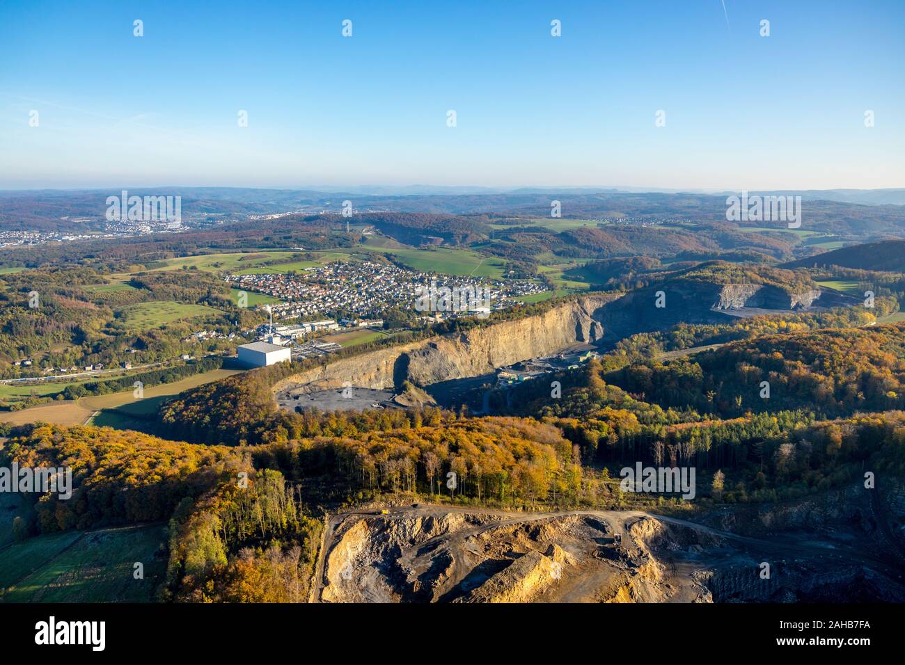 Aerial photograph, quarry operations (Habbel plant) of Heinrich Ebel GmbH & Co. KG, Müschede, Arnsberg, Sauerland, North Rhine-Westphalia, Germany, vi Stock Photo