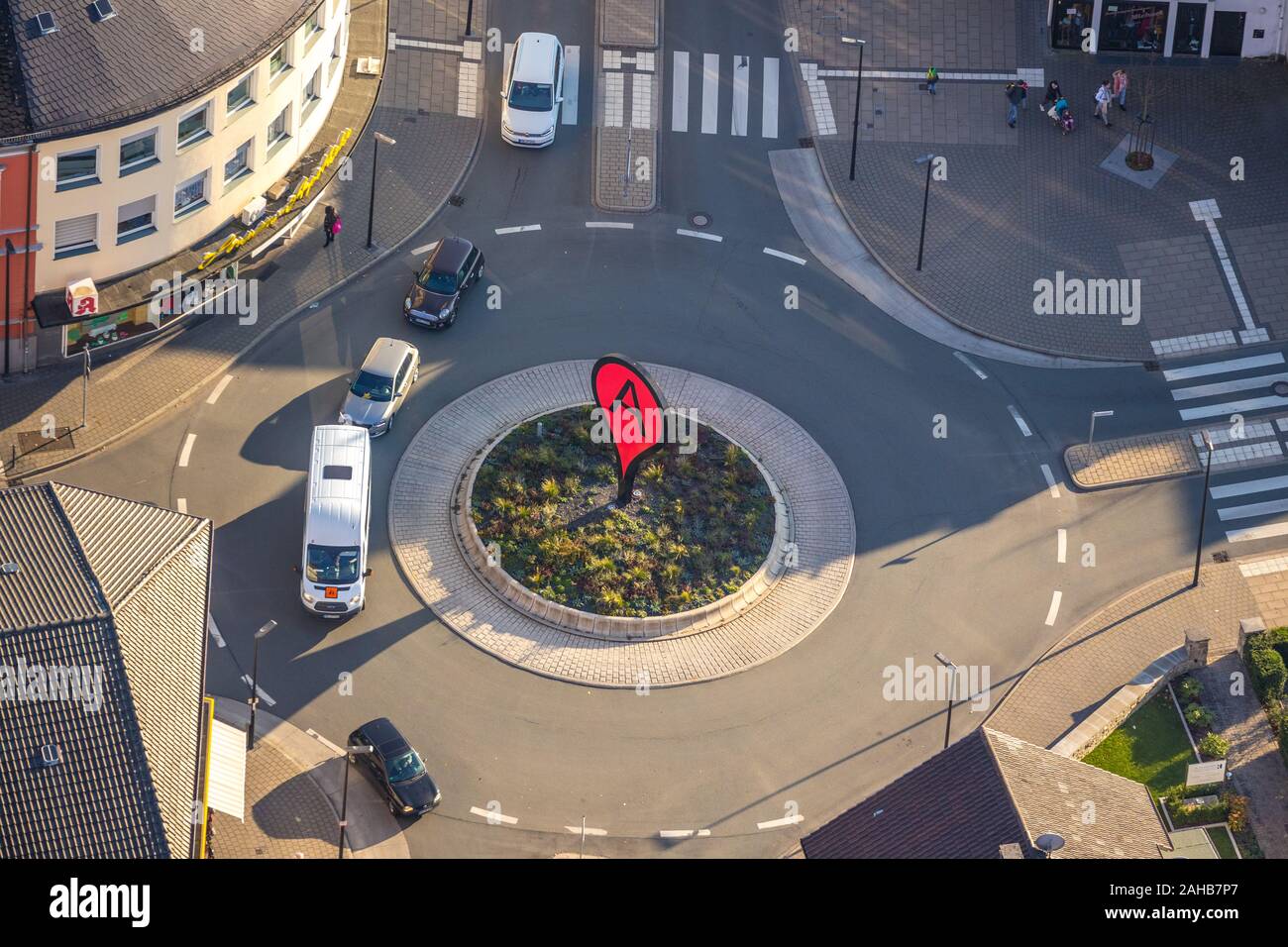 Aerial photo, roundabout with A artwork, Arnsberg, Sauerland, North Rhine-Westphalia, Germany, A artwork, Brückenplatz, Clemens-August-Straße, DE, Eur Stock Photo