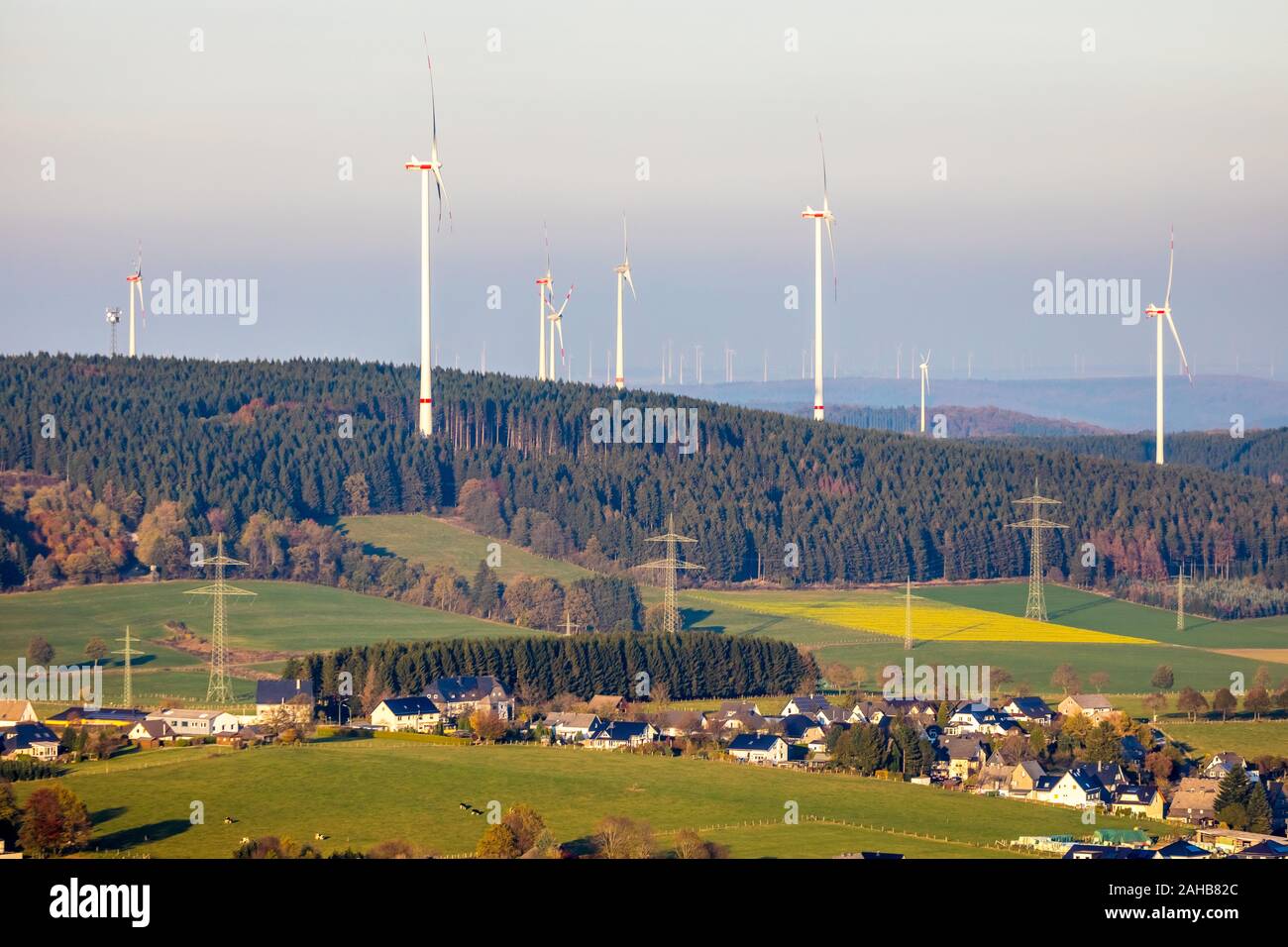 aerial photo, wind turbines, Goldbachtal, Brilon, Sauerland, North Rhine-Westphalia, Germany, DE, Europe, birds-eyes view, aerial photo, aerial photog Stock Photo