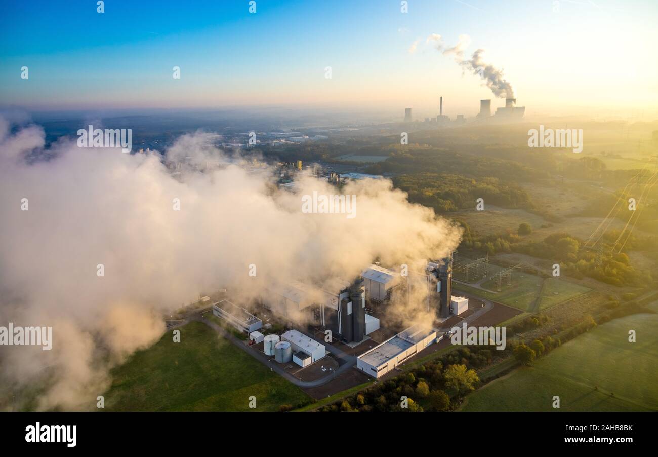 Aerial photo, gas turbine power plant, GUD, Trianel, emission, cooling exhaust air, coal-fired power plant Westfalen of RWE, morning impression, Backg Stock Photo