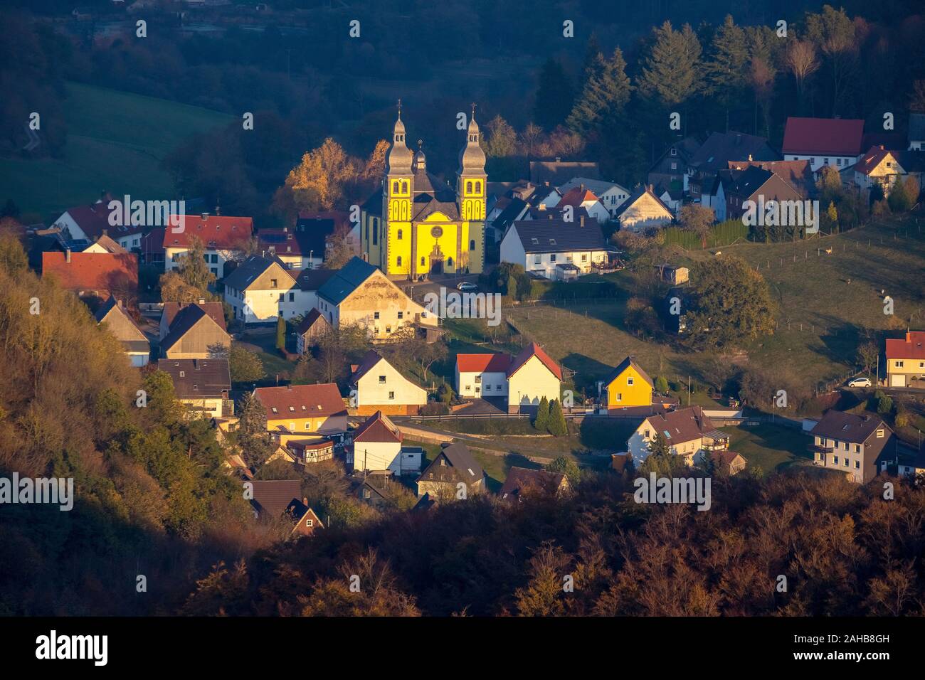 Aerial photo, Catholic Church New Church of St. Mary Magdalene, Padberg, Marsberg, Sauerland, North Rhine-Westphalia, Germany, DE, Europe, birds-eyes Stock Photo