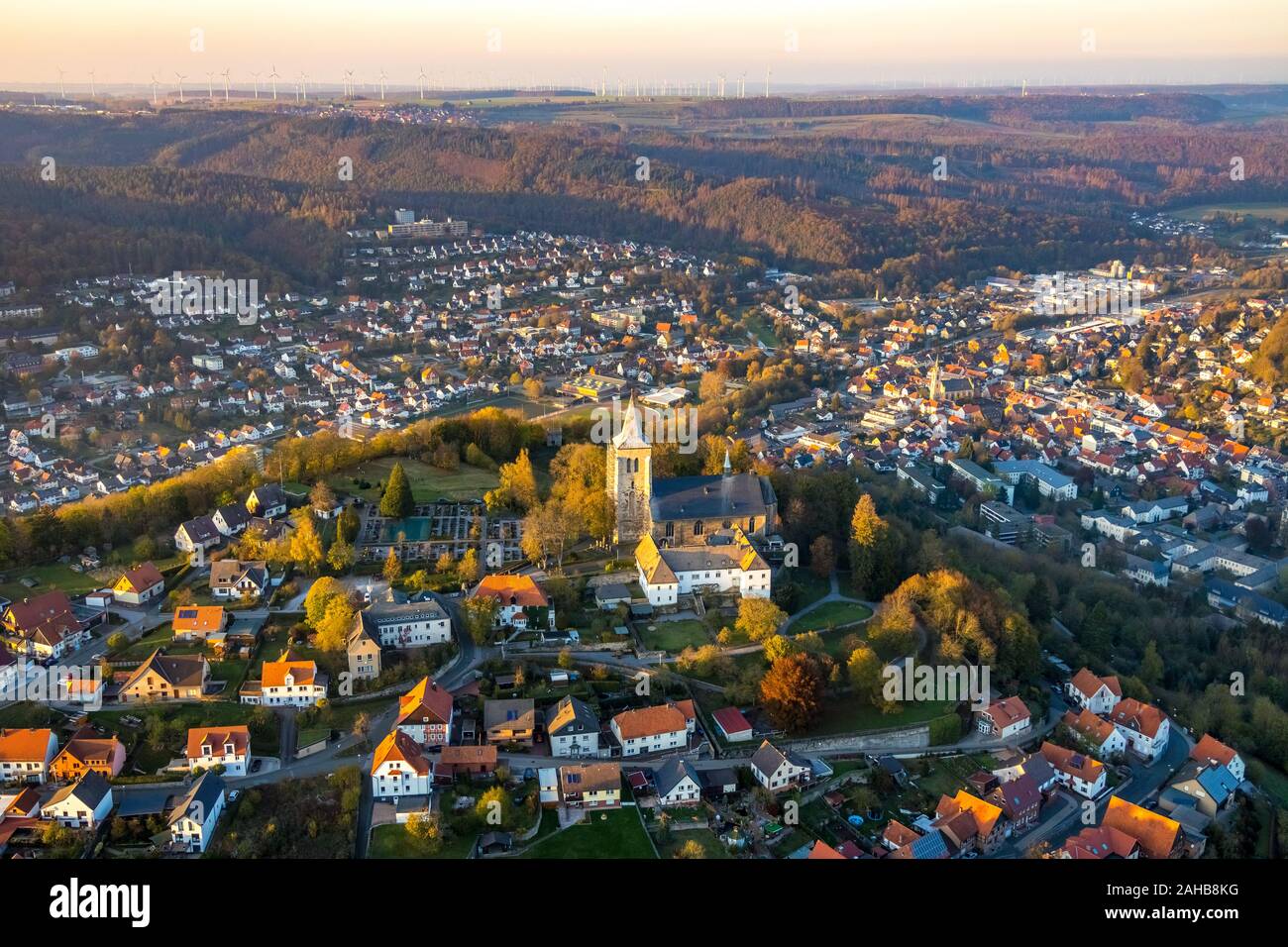Aerial photo, overview Obermarsberg, Collegiate Church St. Peter and Paul, Catholic Church Nikolaikirche , Marsberg, Sauerland, North Rhine-Westphalia Stock Photo